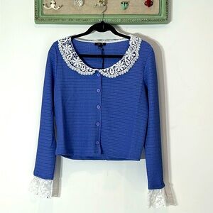 Delia*s knit button front cardigan with fabric lace collar and flare cuff XL new